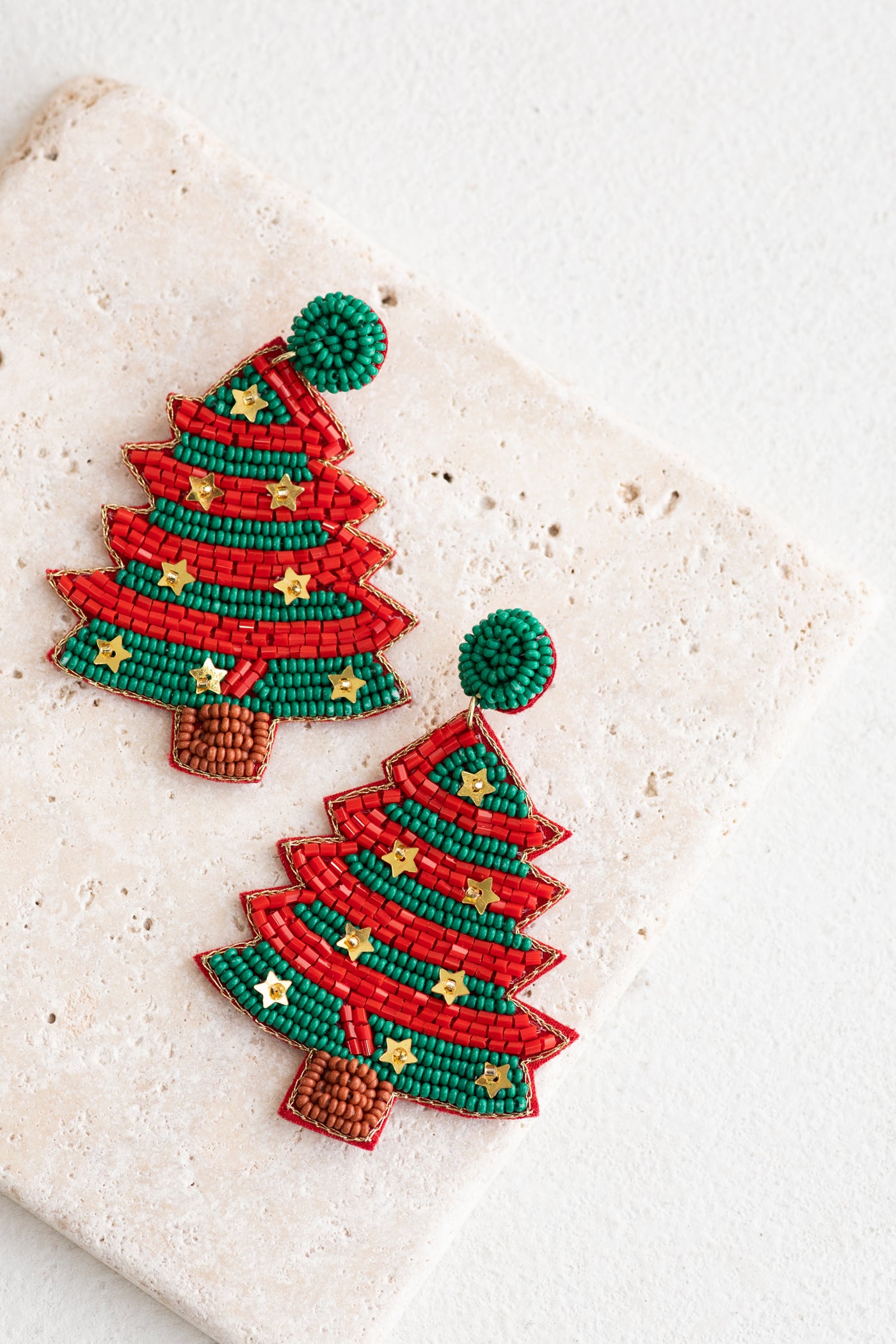 Red And Green Bead Christmas Tree Earrings