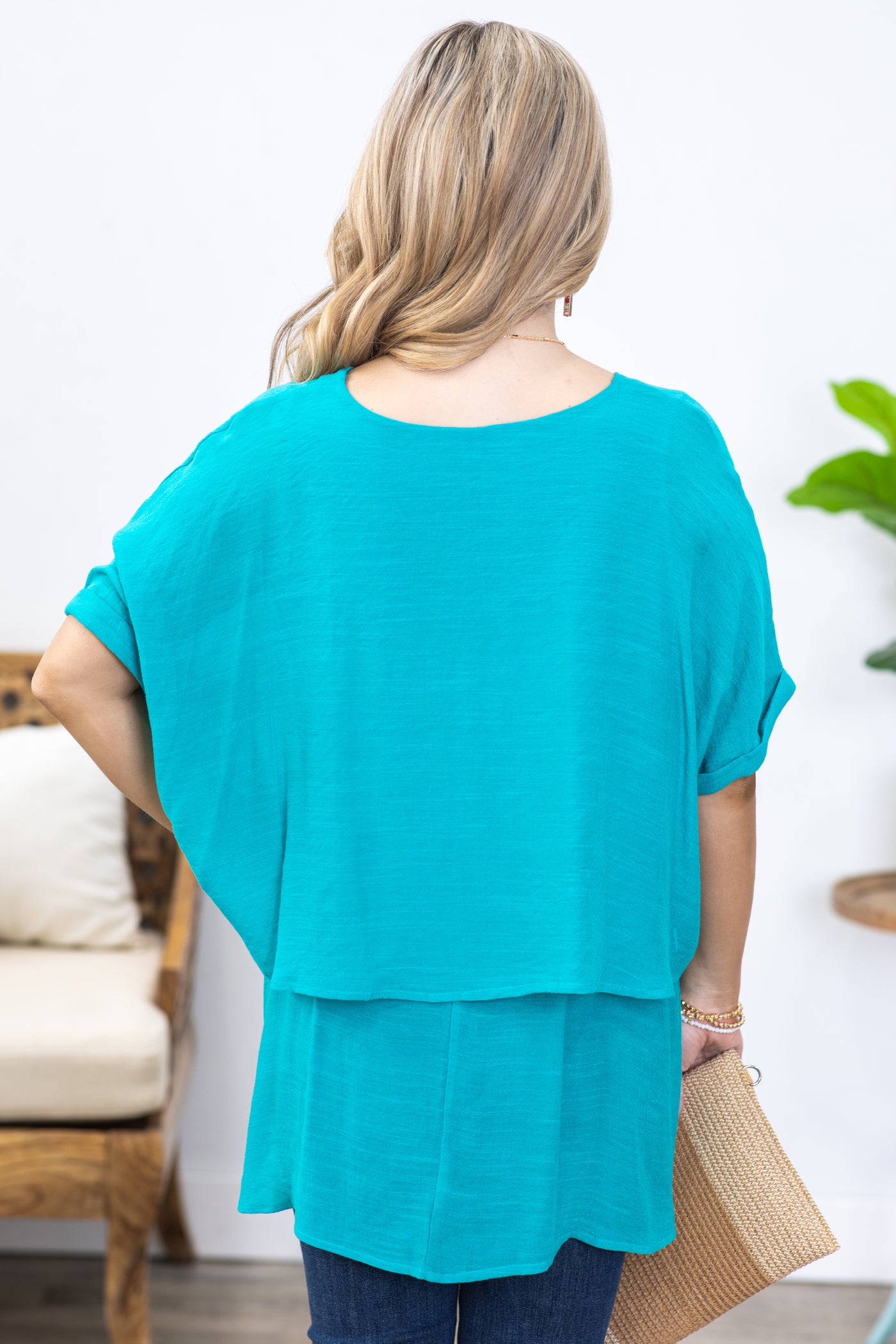 Turquoise Cuffed 1/2 Sleeve Layered Tunic Top