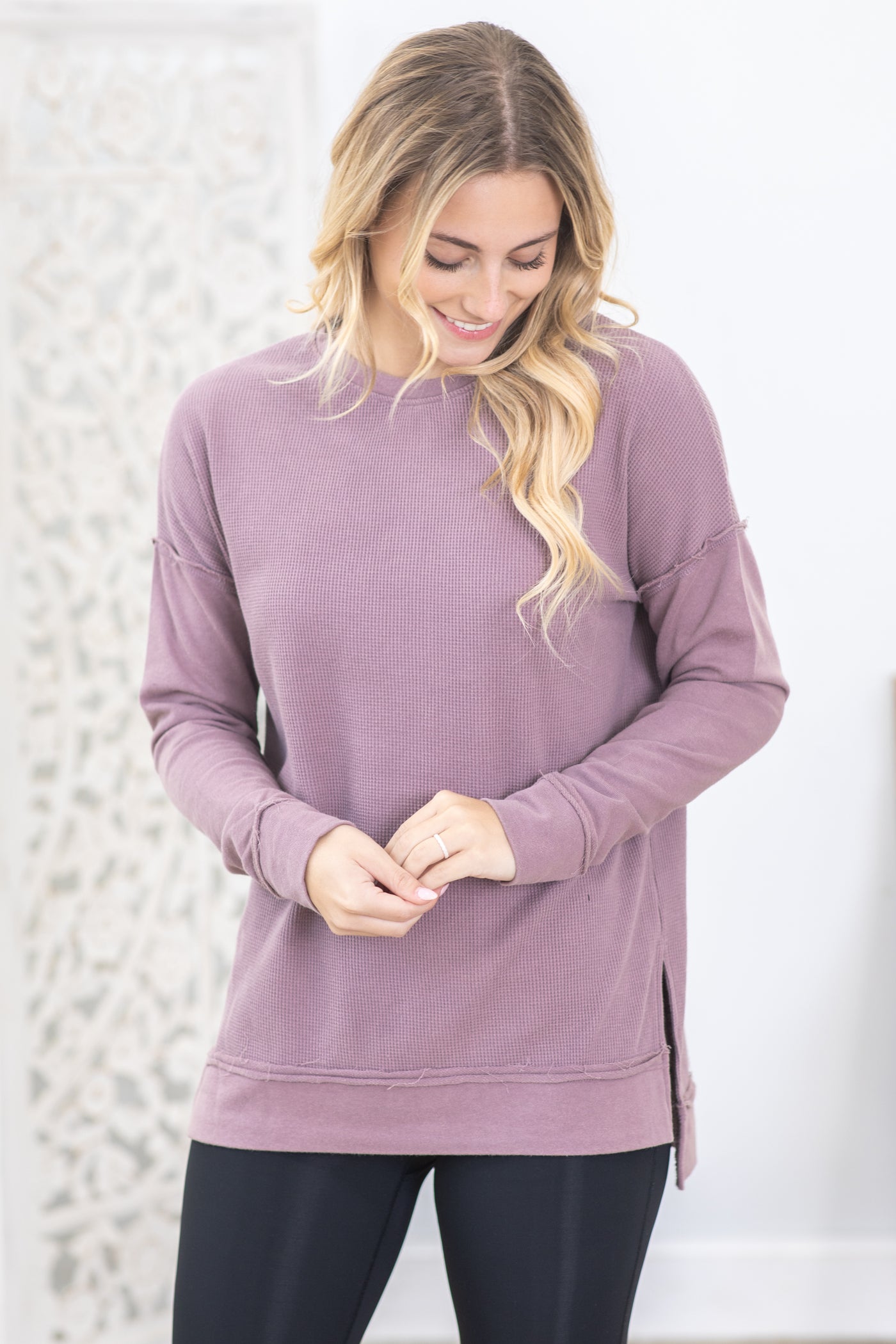 Waffle Knit Pullover With Side Slits