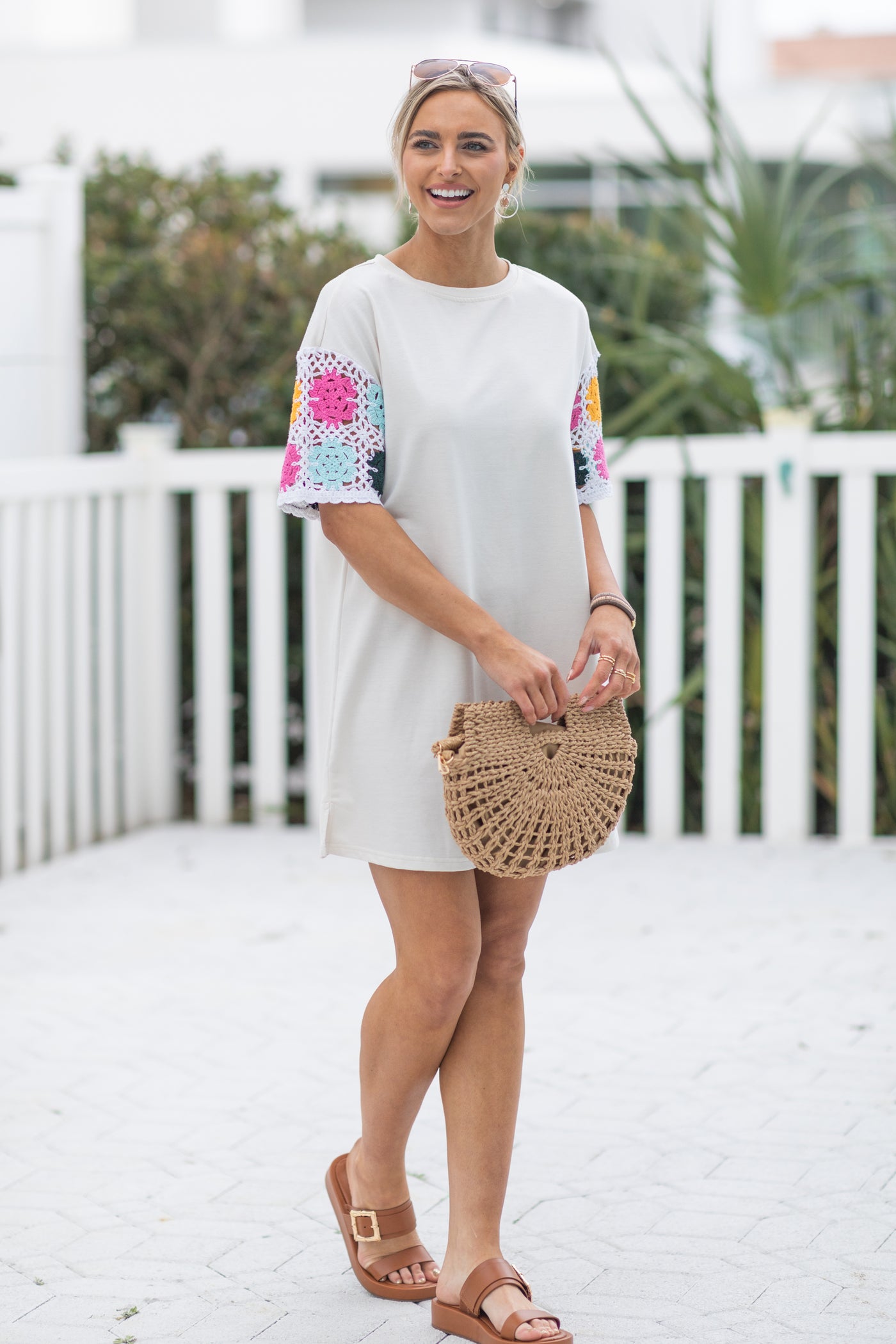 Ivory Floral Crochet Sleeve T-Shirt Dress