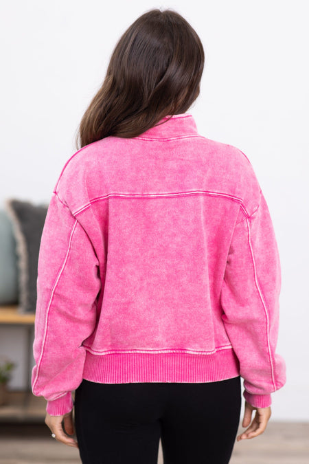 Hot Pink Acid Wash Fleece 1/4 Zip Pullover - Filly Flair