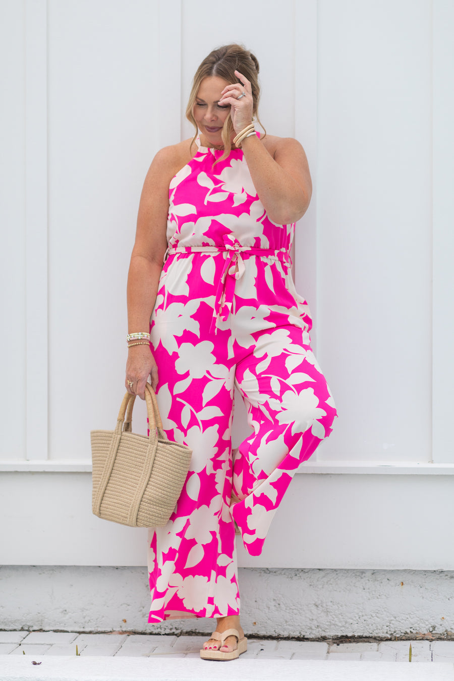 Hot Pink Floral Print Halter Neck Jumpsuit