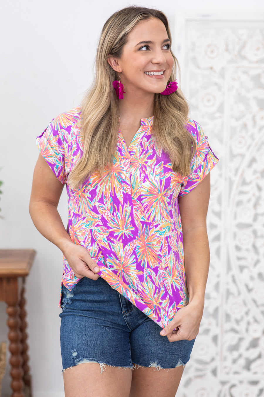 Orchid Floral Print Wrinkle Free Lizzy Top
