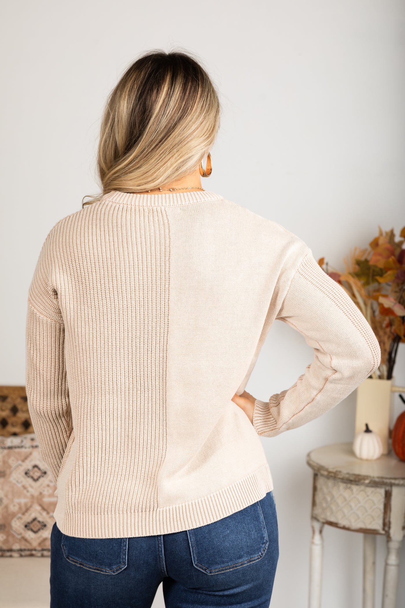 Washed Waffle Knit Sweater With Pocket