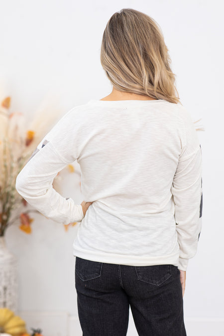 Beige and Taupe Top With Camouflage Sleeves