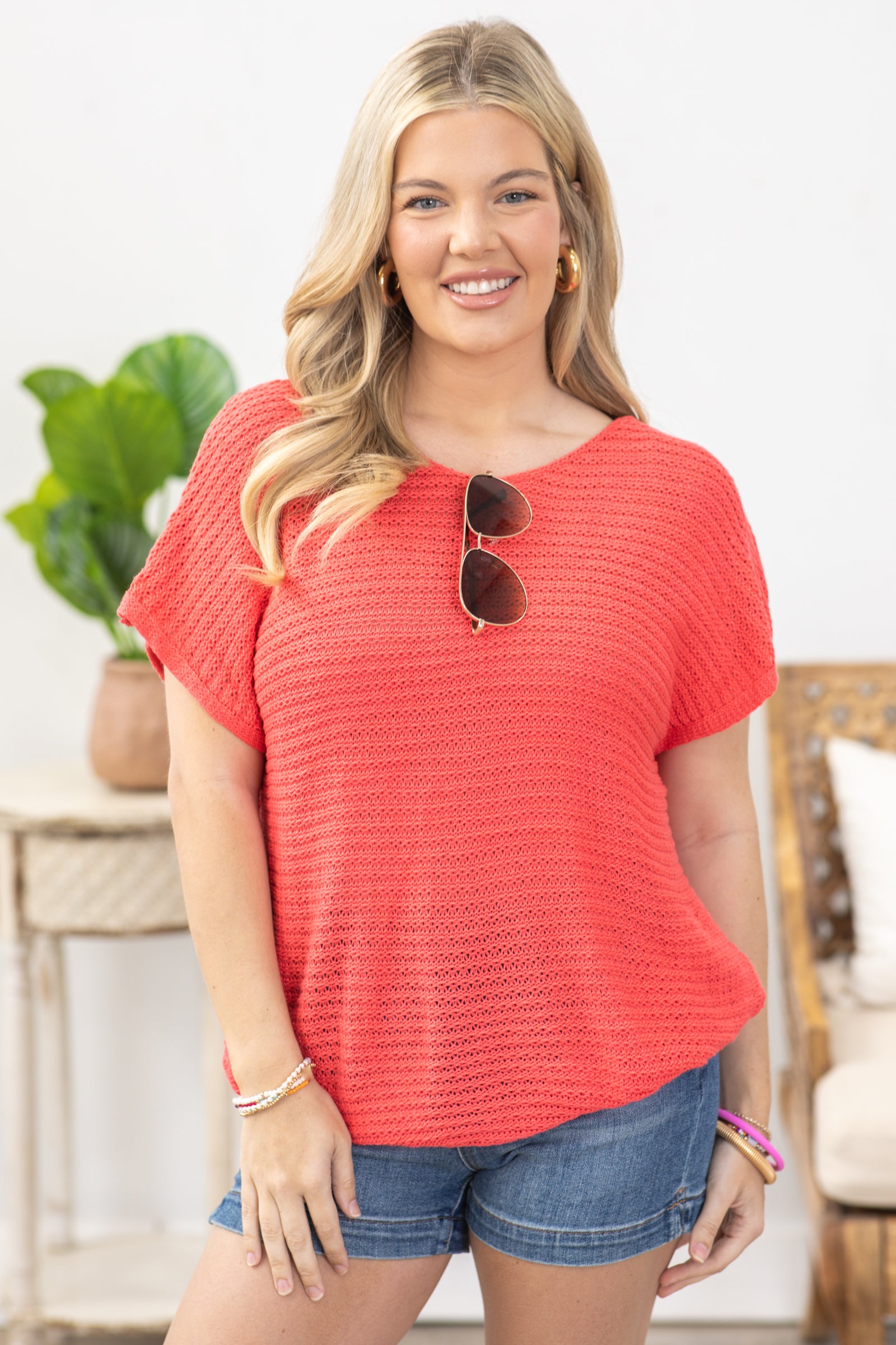 Coral Short Sleeve Sweater Knit Top