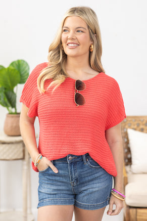 Coral Short Sleeve Sweater Knit Top