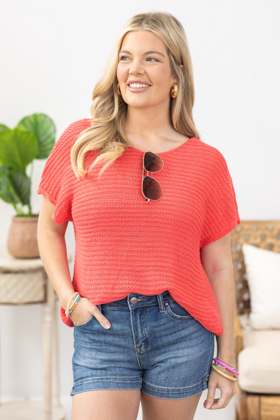 Coral Short Sleeve Sweater Knit Top