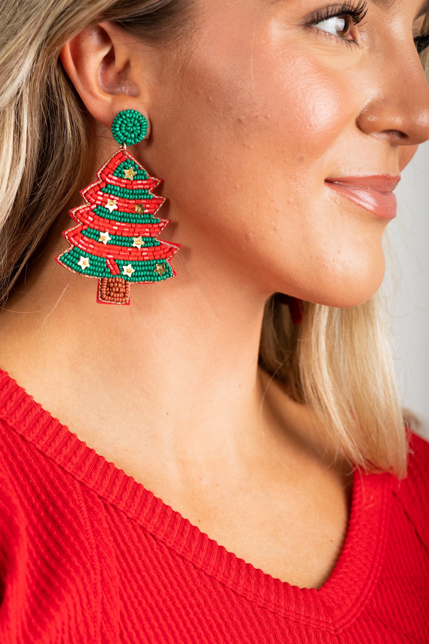 Red And Green Bead Christmas Tree Earrings