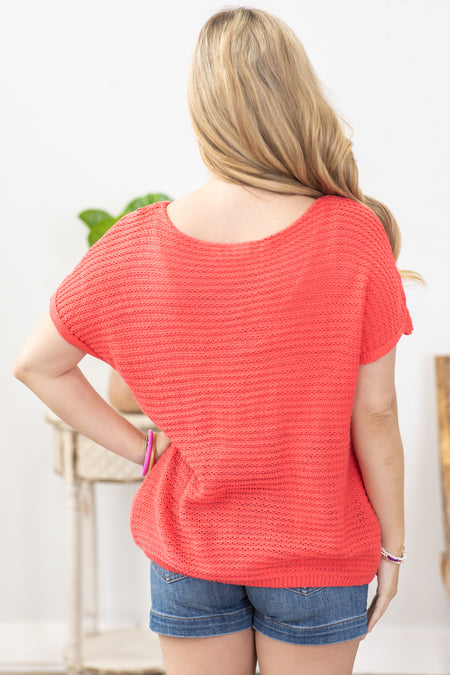 Coral Short Sleeve Sweater Knit Top