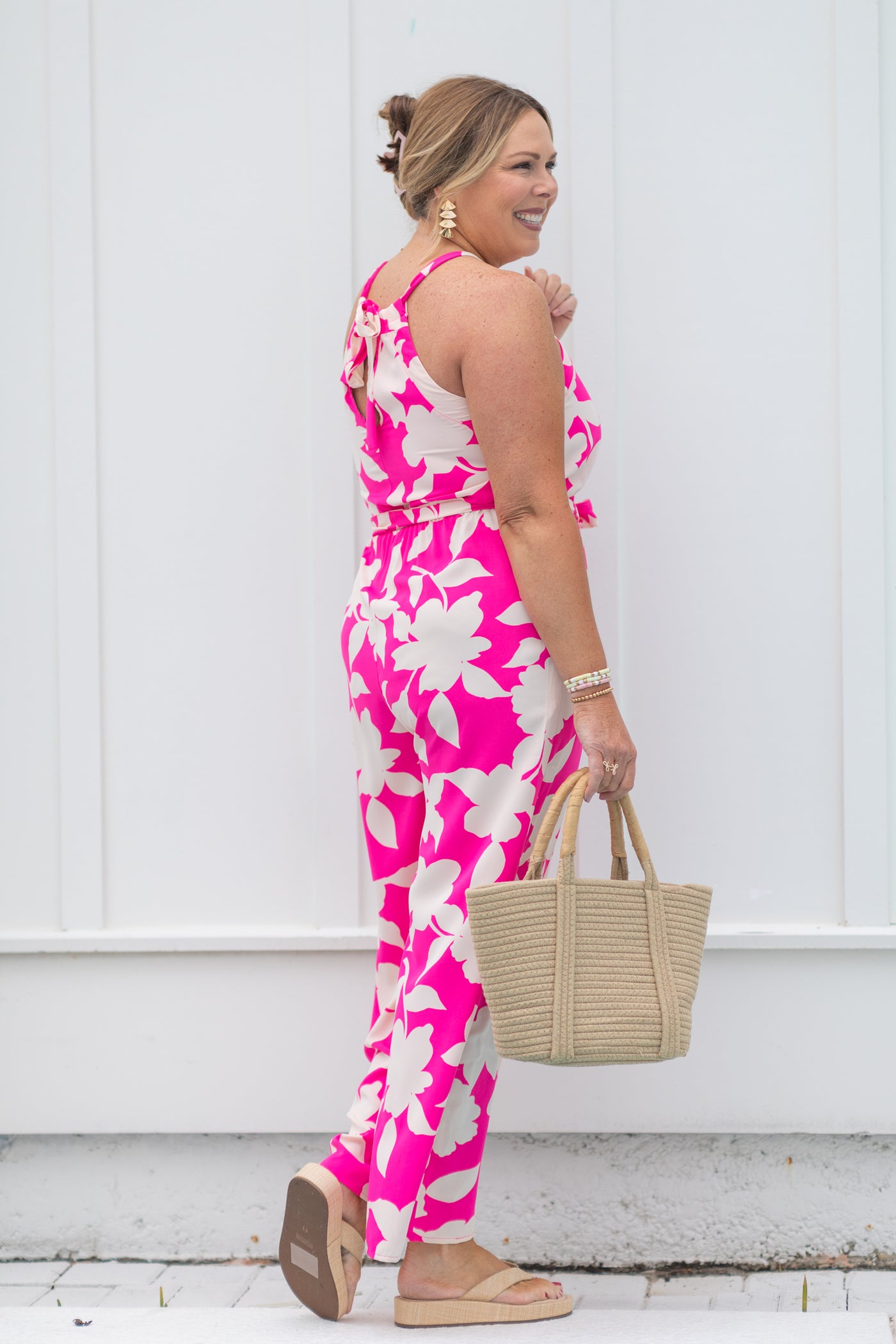 Hot Pink Floral Print Halter Neck Jumpsuit