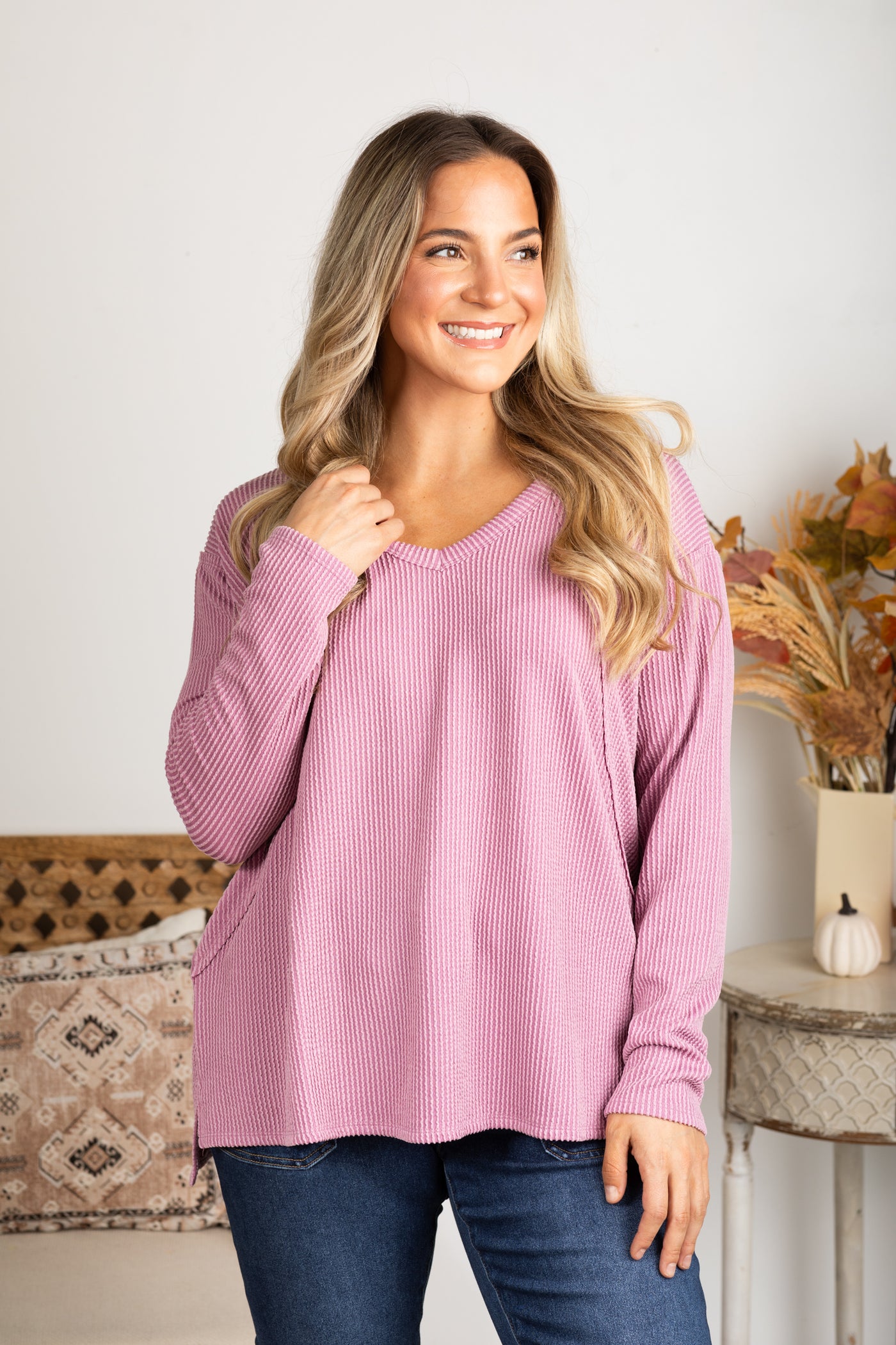 V-Neck Knit Ribbed Long Sleeve Top