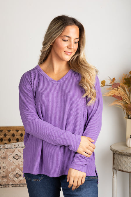 V-Neck Knit Ribbed Long Sleeve Top