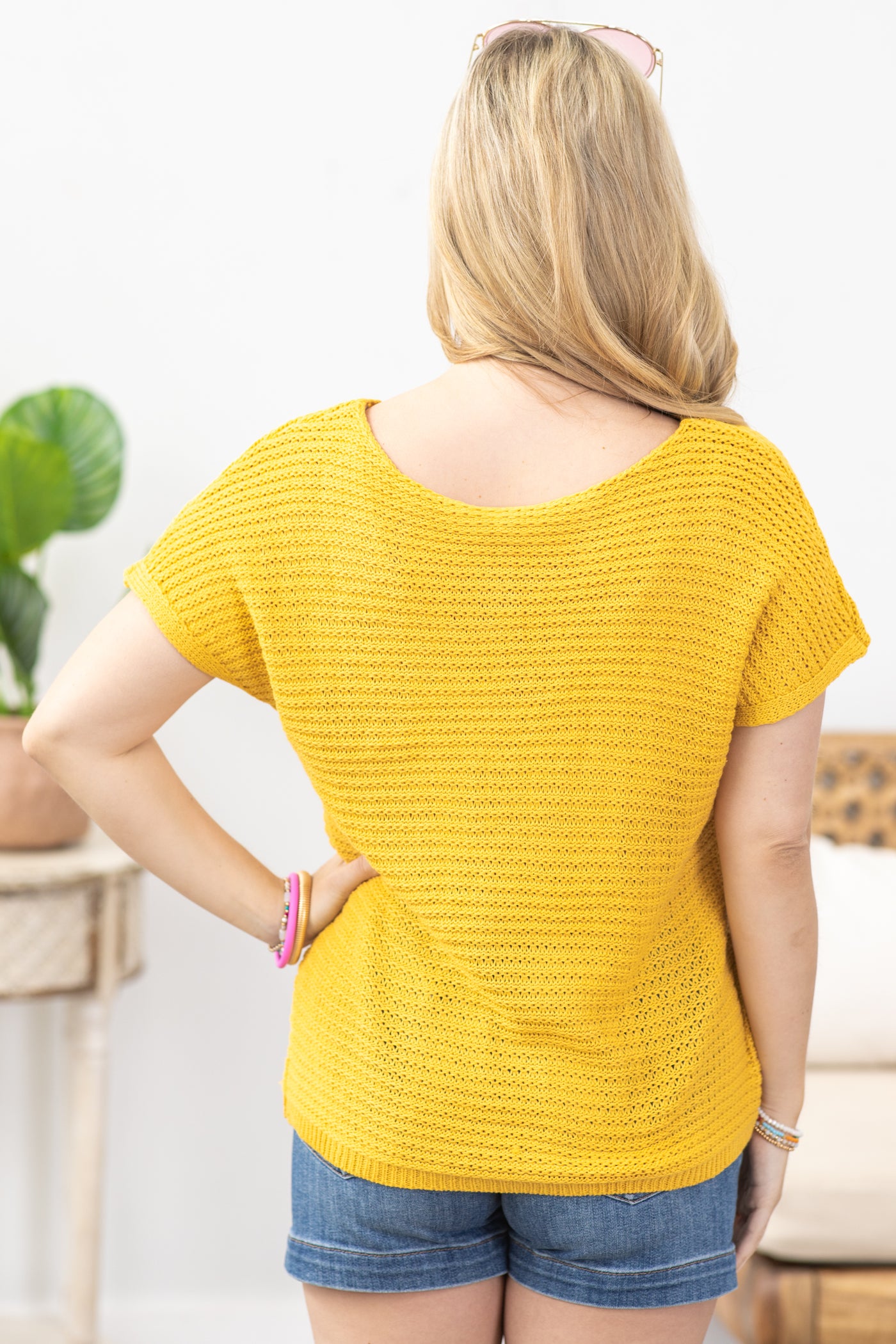 Mustard Short Sleeve Sweater Knit Top