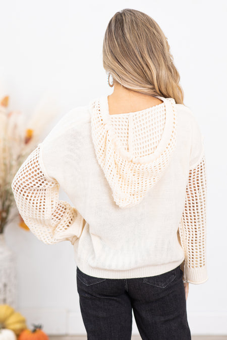 Cream Fishnet Bell Sleeve Hooded Pullover