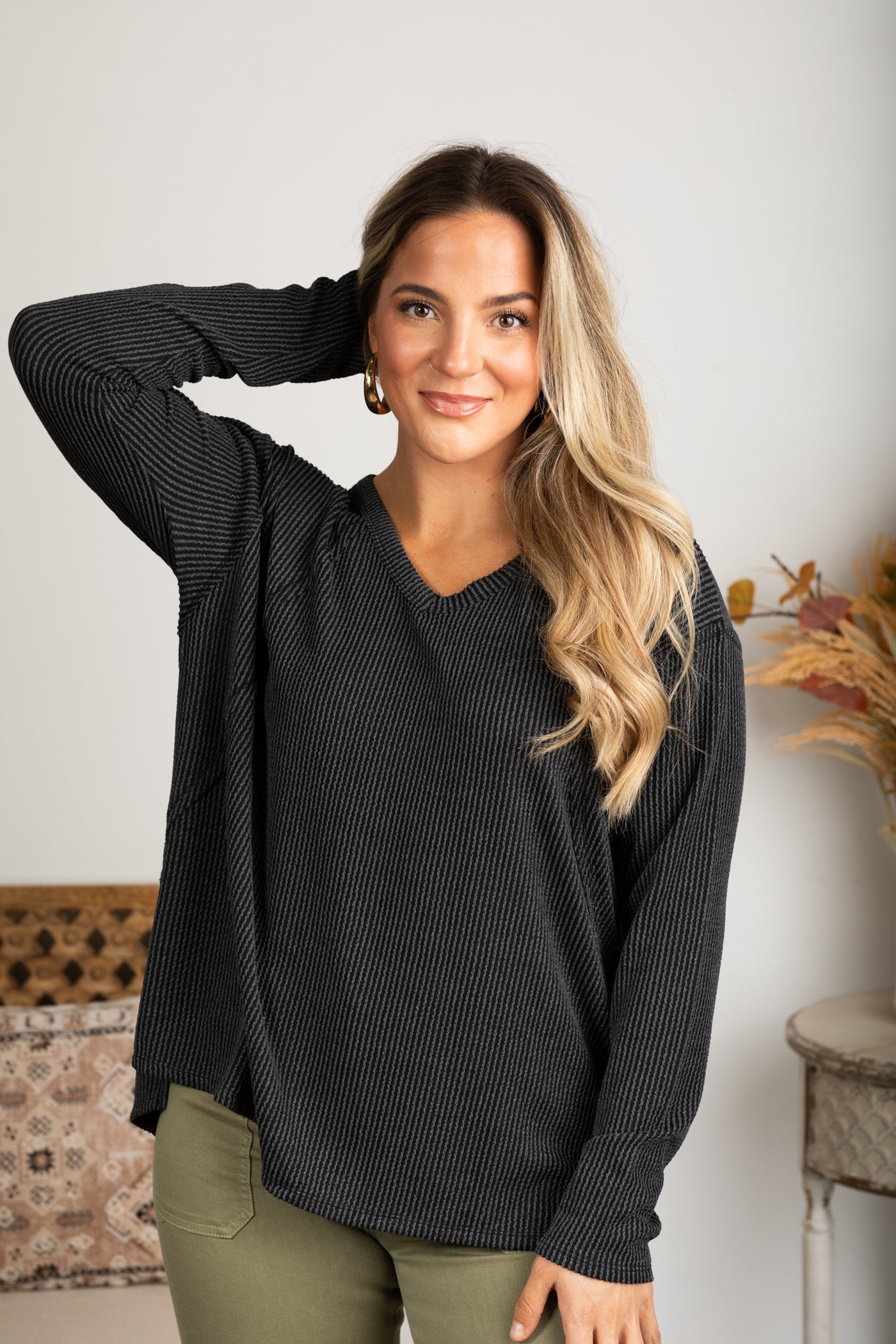 V-Neck Knit Ribbed Long Sleeve Top