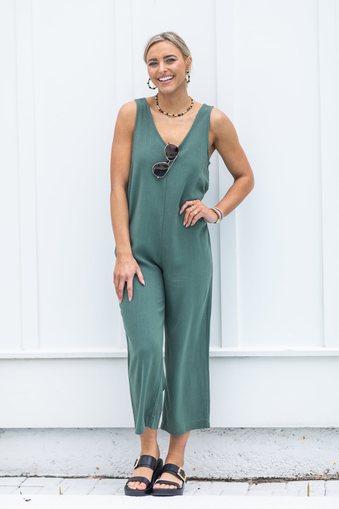 Olive Linen Sleeveless Jumpsuit