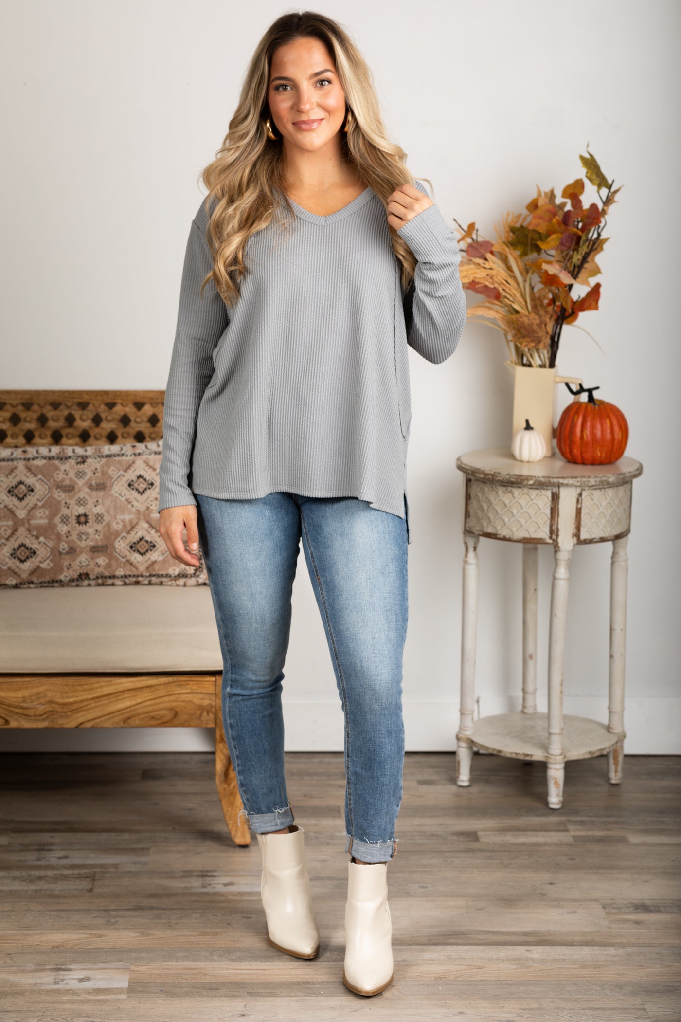 V-Neck Knit Ribbed Long Sleeve Top