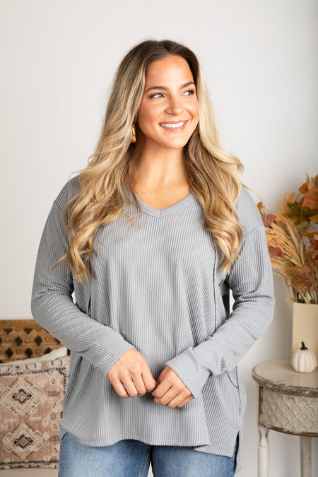 V-Neck Knit Ribbed Long Sleeve Top