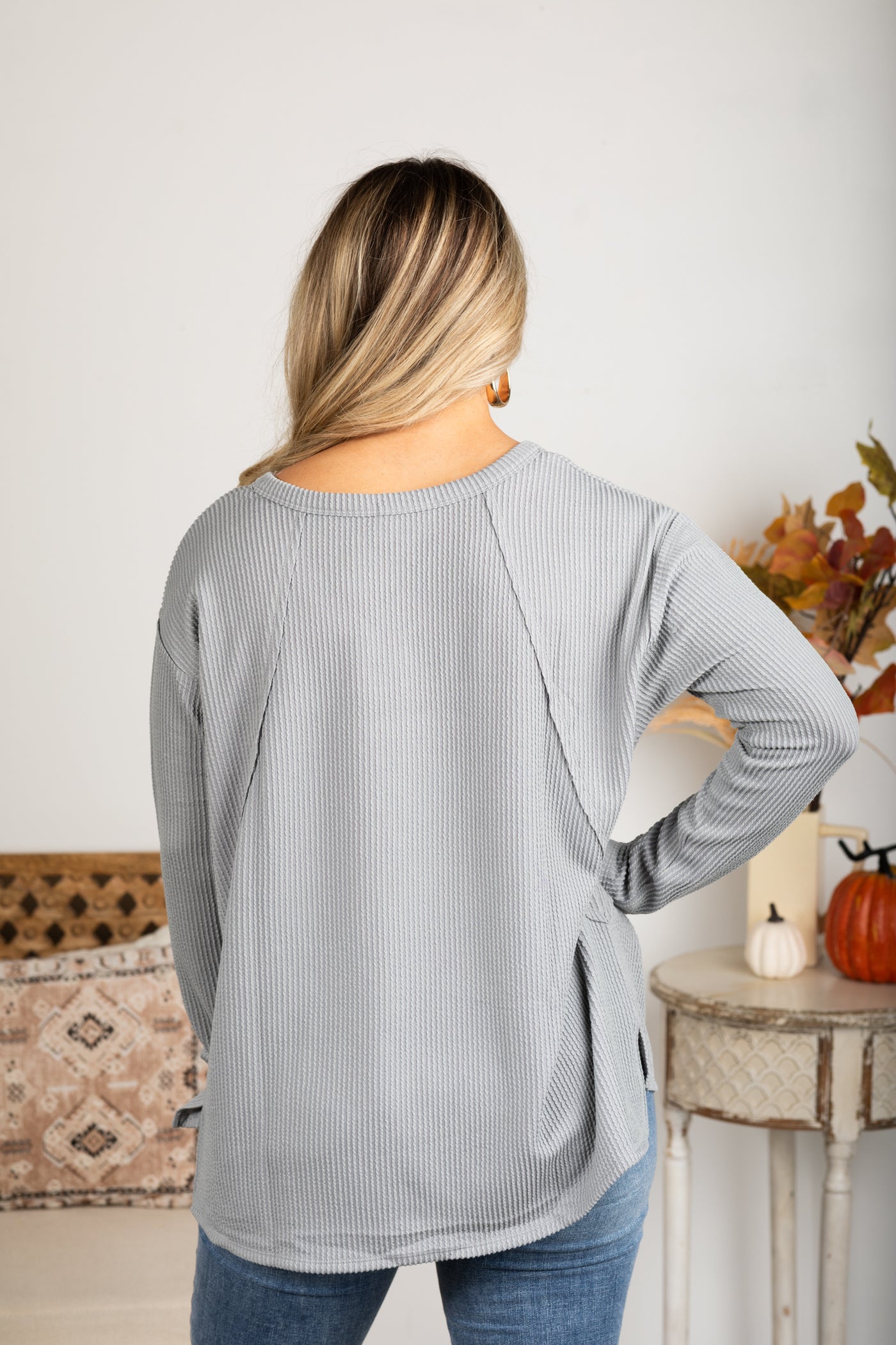 V-Neck Knit Ribbed Long Sleeve Top