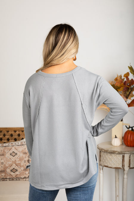 V-Neck Knit Ribbed Long Sleeve Top