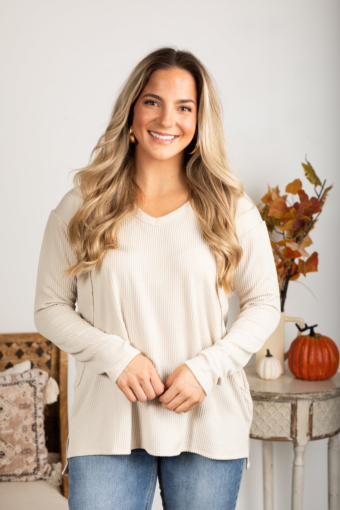 V-Neck Knit Ribbed Long Sleeve Top