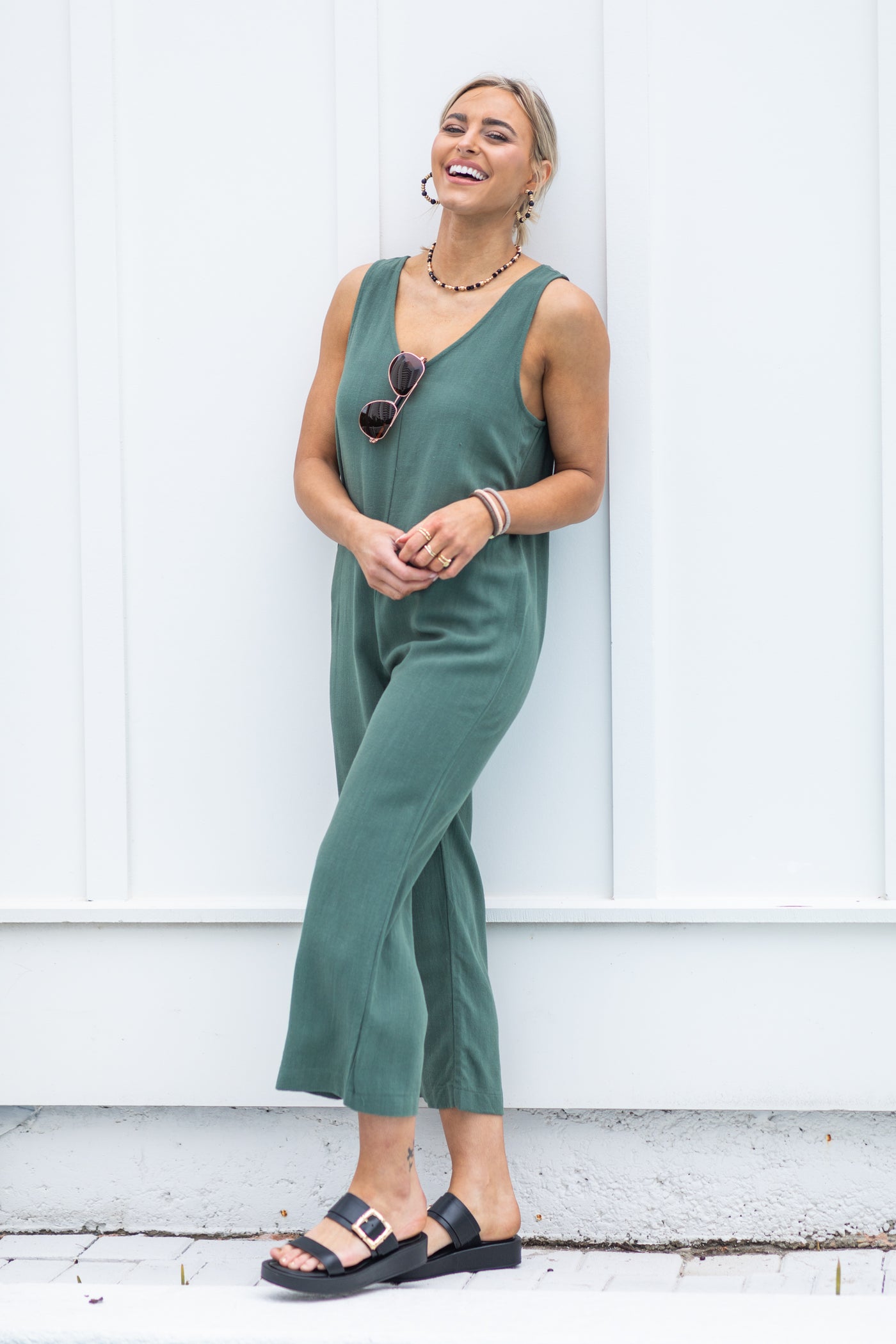 Olive Linen Sleeveless Jumpsuit