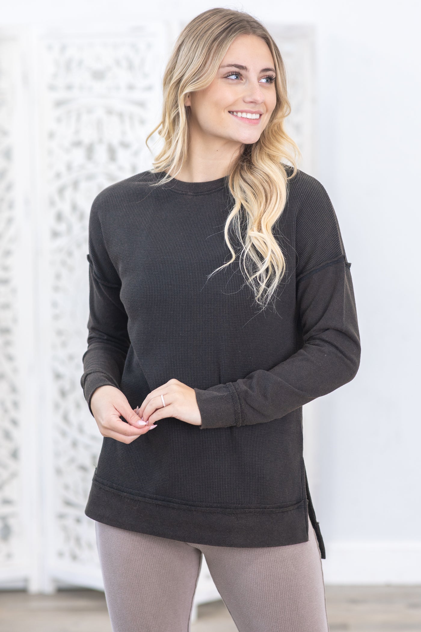 Waffle Knit Pullover With Side Slits