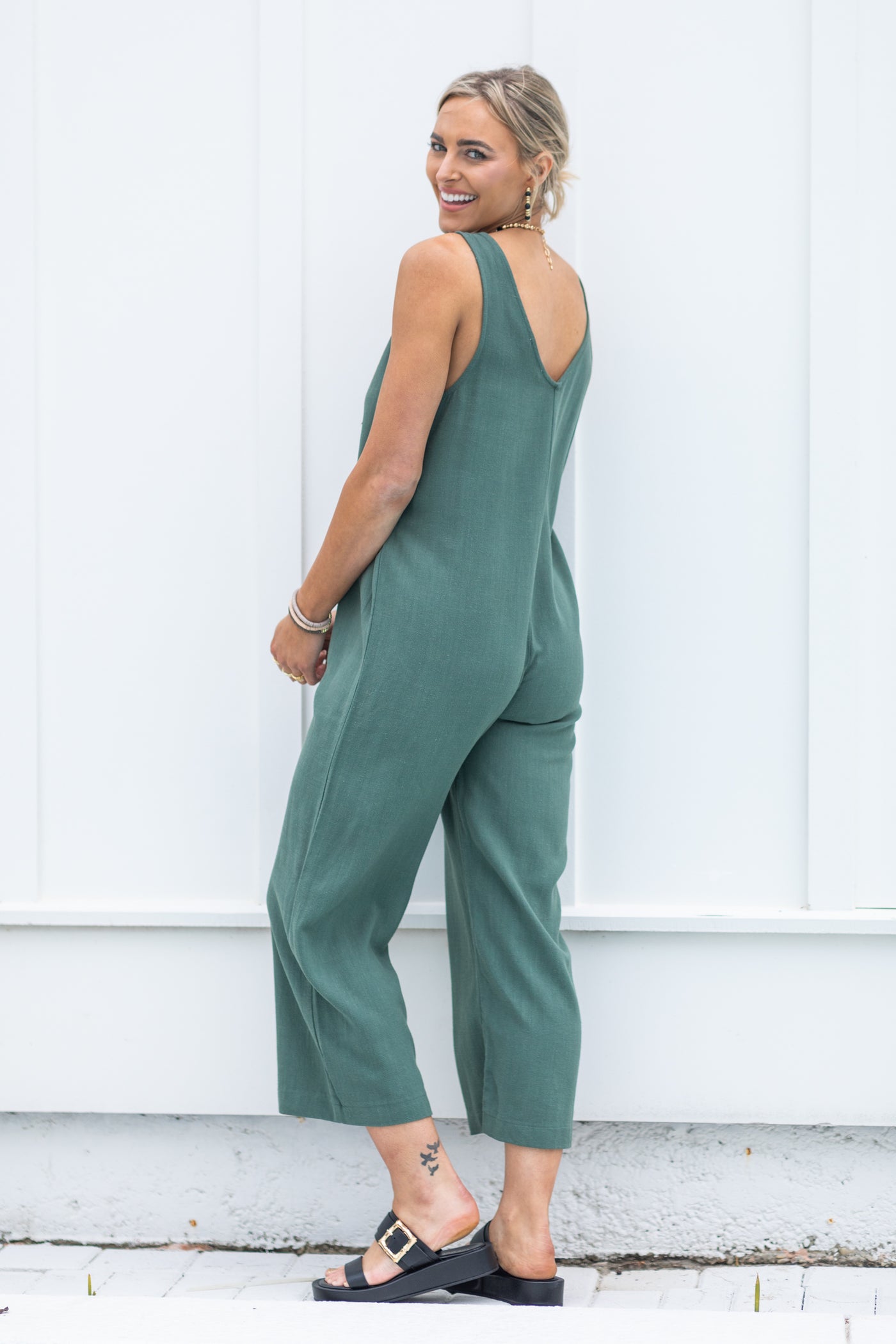 Olive Linen Sleeveless Jumpsuit