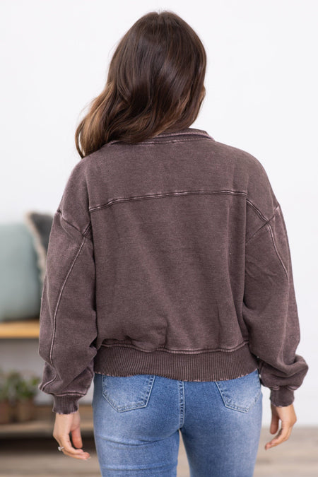 Brown Acid Wash Fleece 1/4 Zip Pullover - Filly Flair