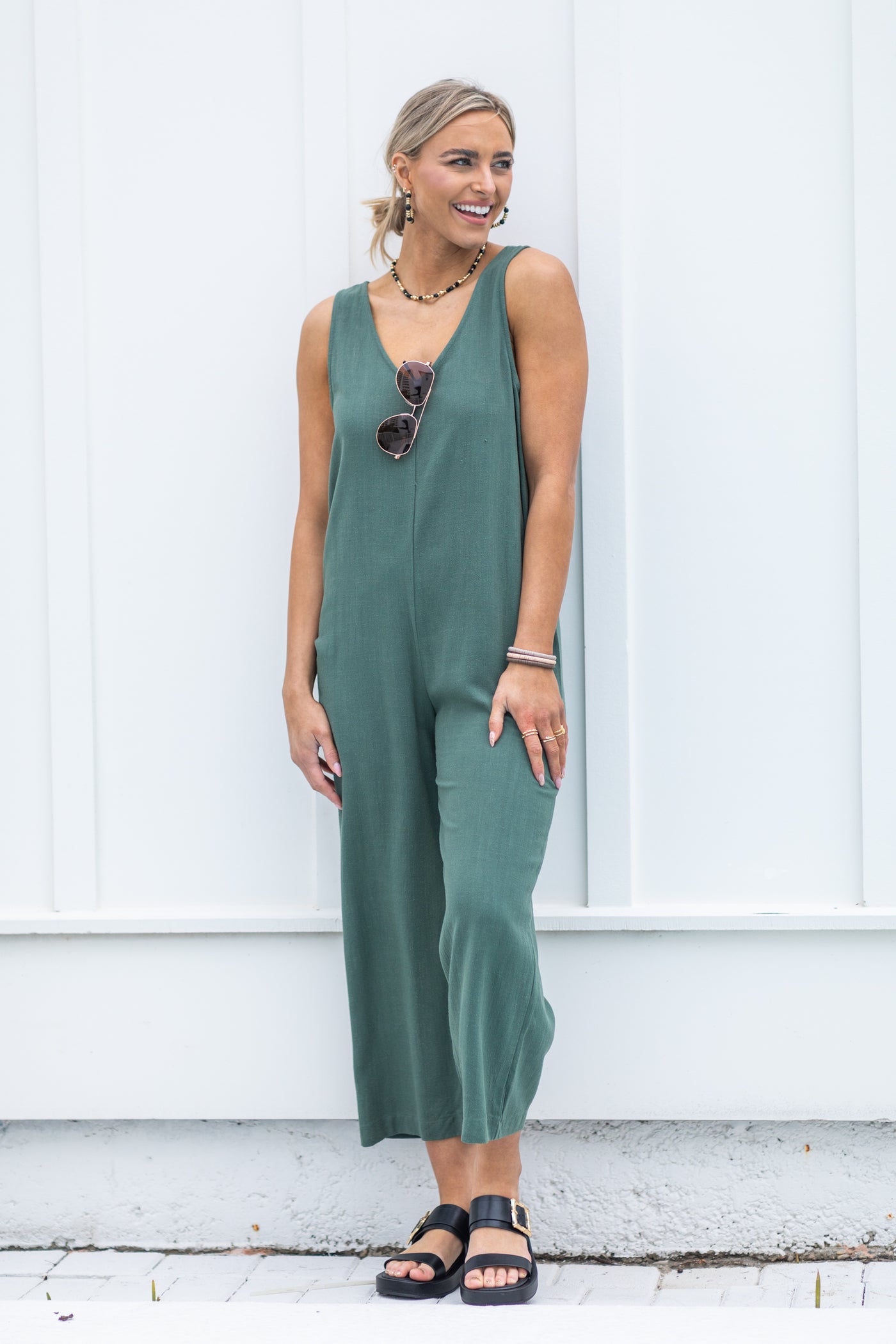 Olive Linen Sleeveless Jumpsuit