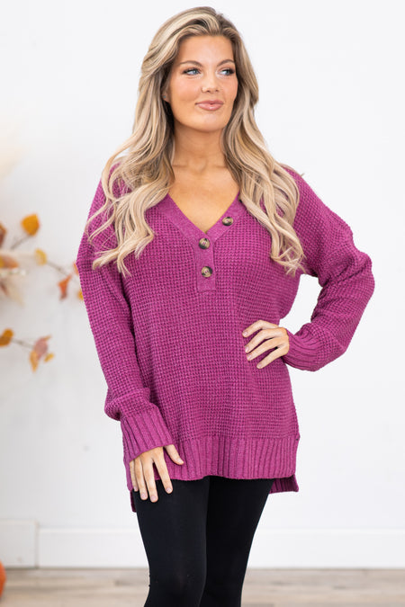 Dark Berry Waffle Knit Sweater With Buttons