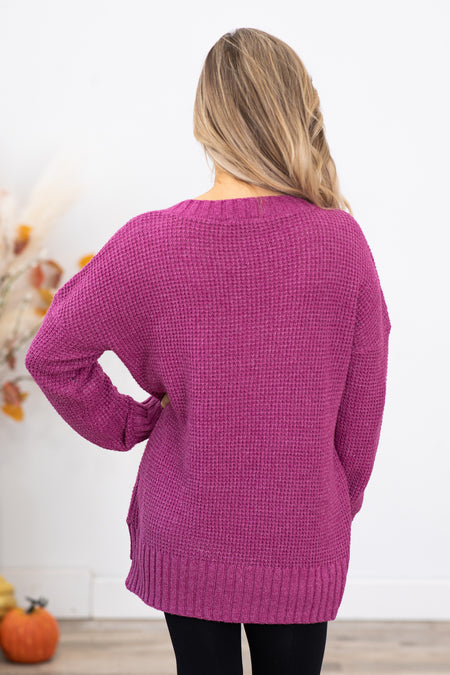 Dark Berry Waffle Knit Sweater With Buttons