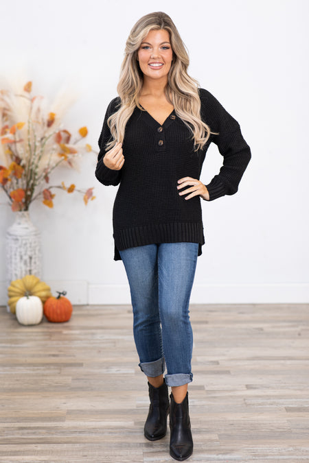 Black Waffle Knit Sweater With Buttons