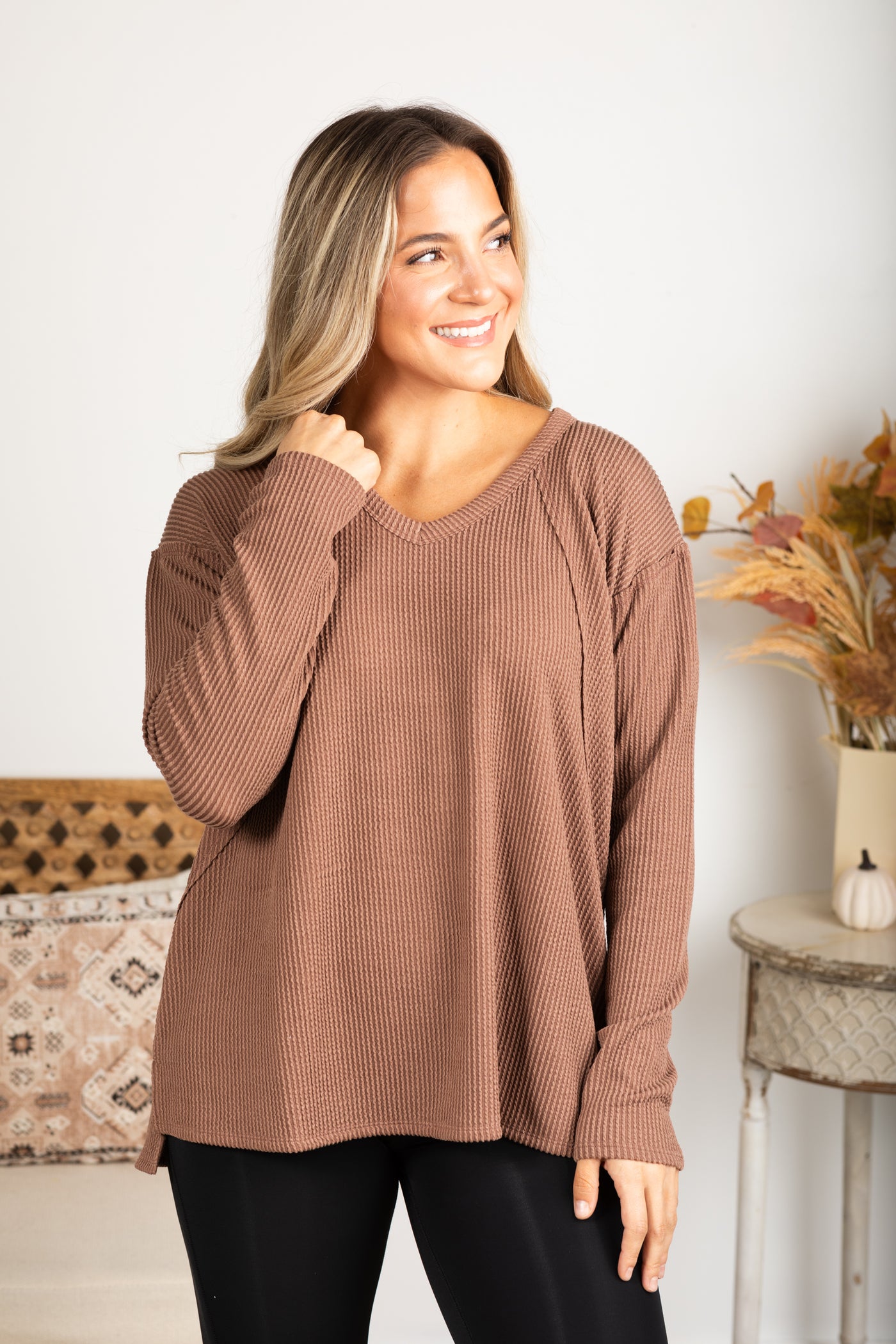 V-Neck Knit Ribbed Long Sleeve Top