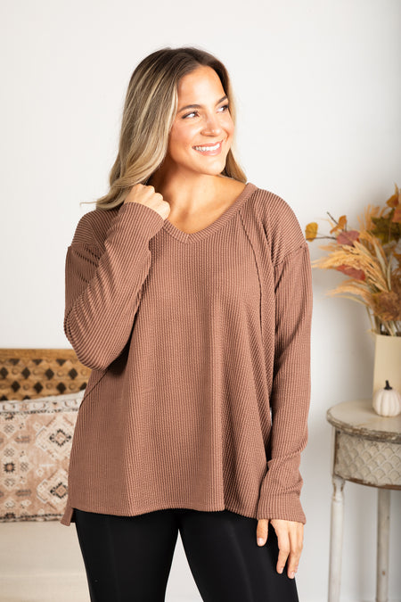 V-Neck Knit Ribbed Long Sleeve Top