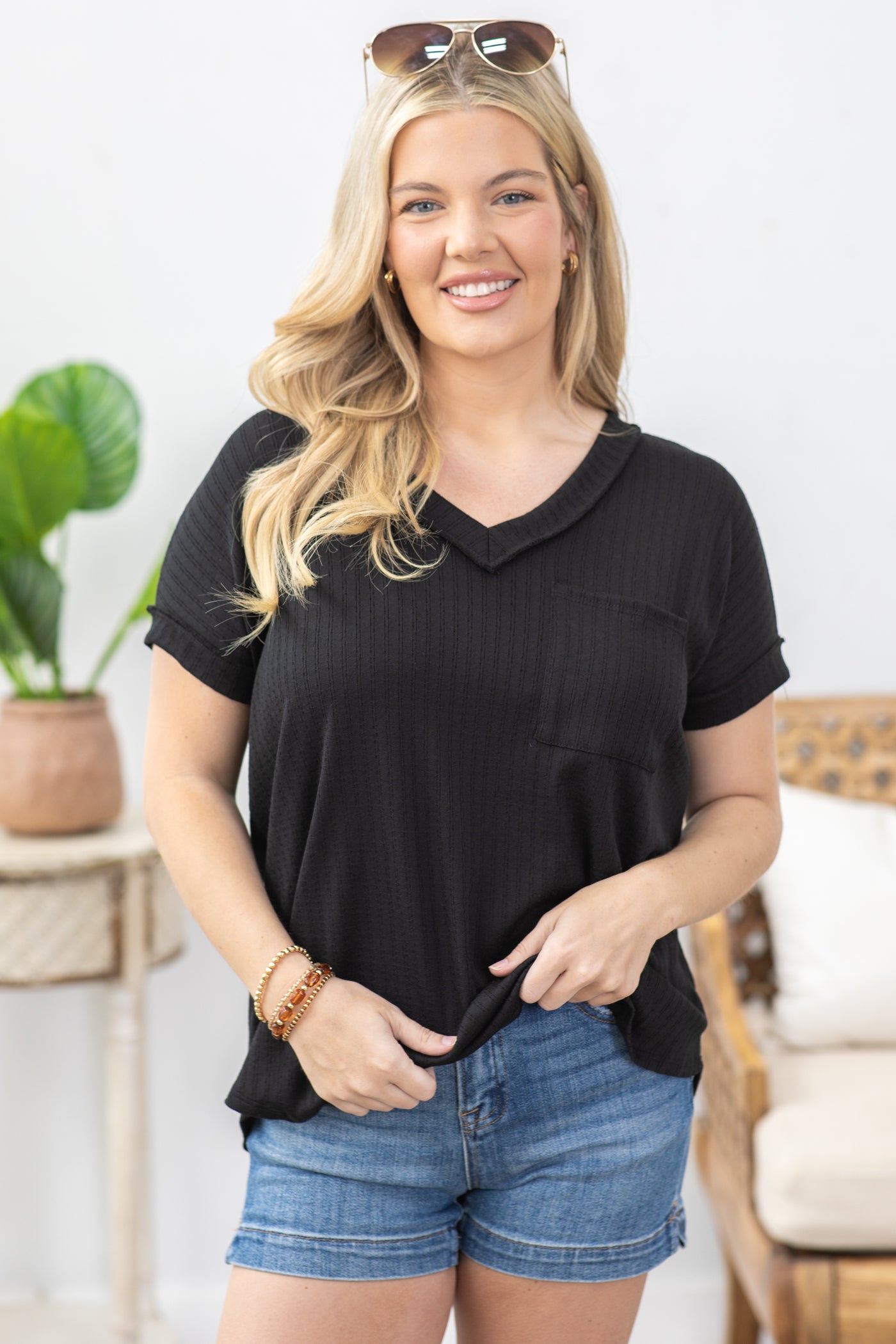 Black Textured Knit Top With Pocket