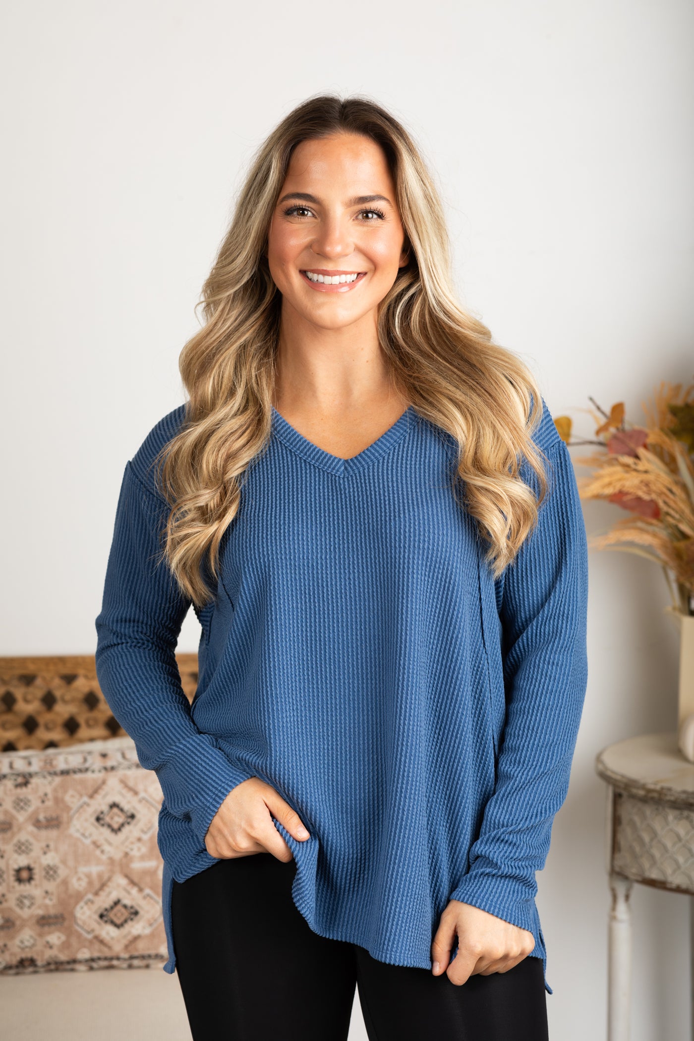 V-Neck Knit Ribbed Long Sleeve Top