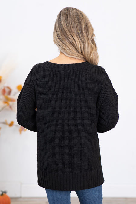 Black Waffle Knit Sweater With Buttons