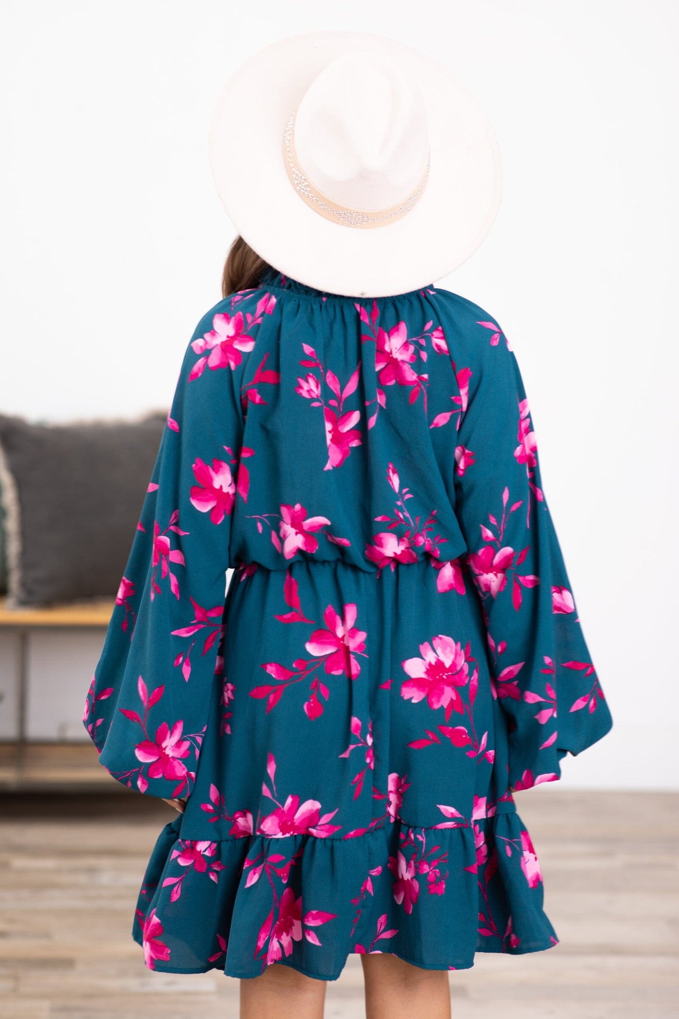 Teal and Fuchsia Floral Long Sleeve Dress - Filly Flair