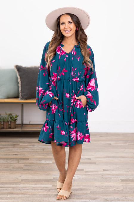 Teal and Fuchsia Floral Long Sleeve Dress - Filly Flair