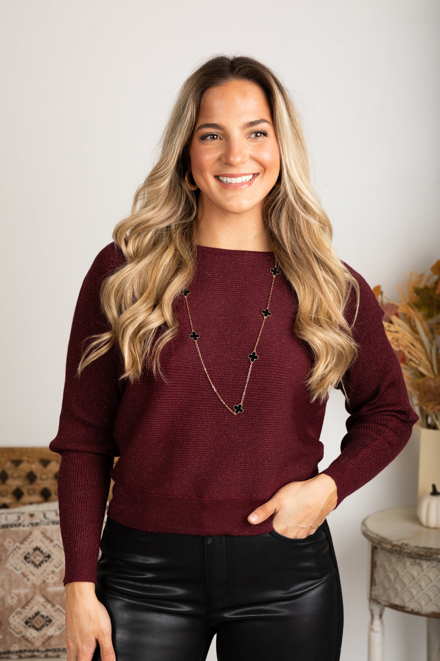 Burgundy Lurex Boat Neck Sweater