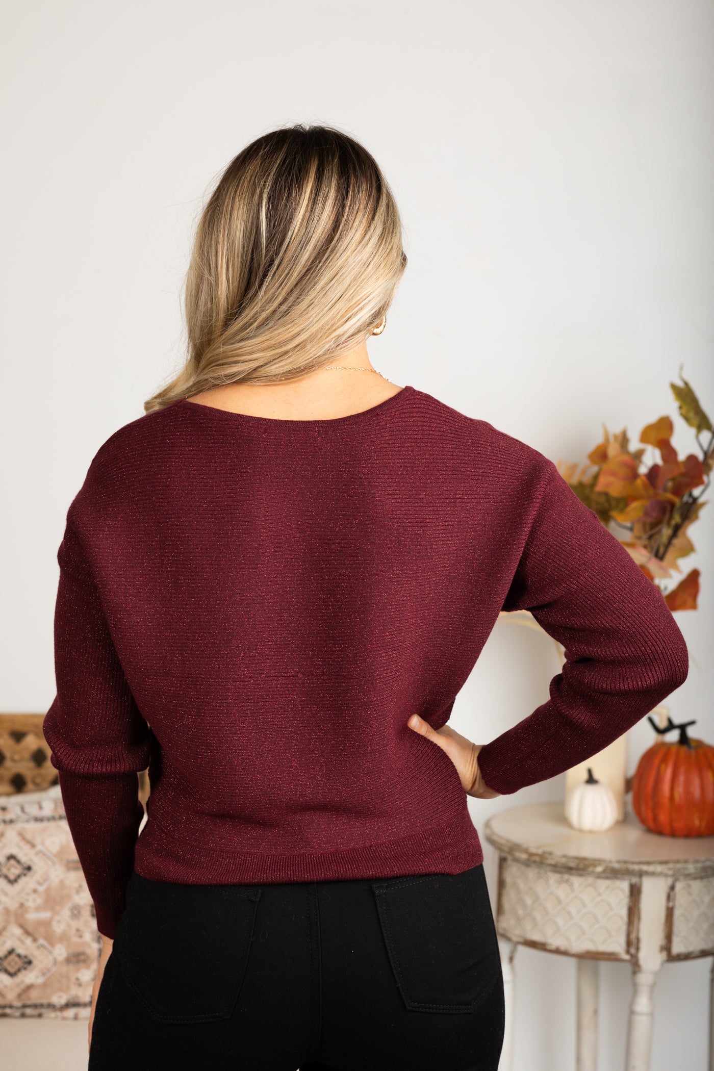 Burgundy Lurex Boat Neck Sweater