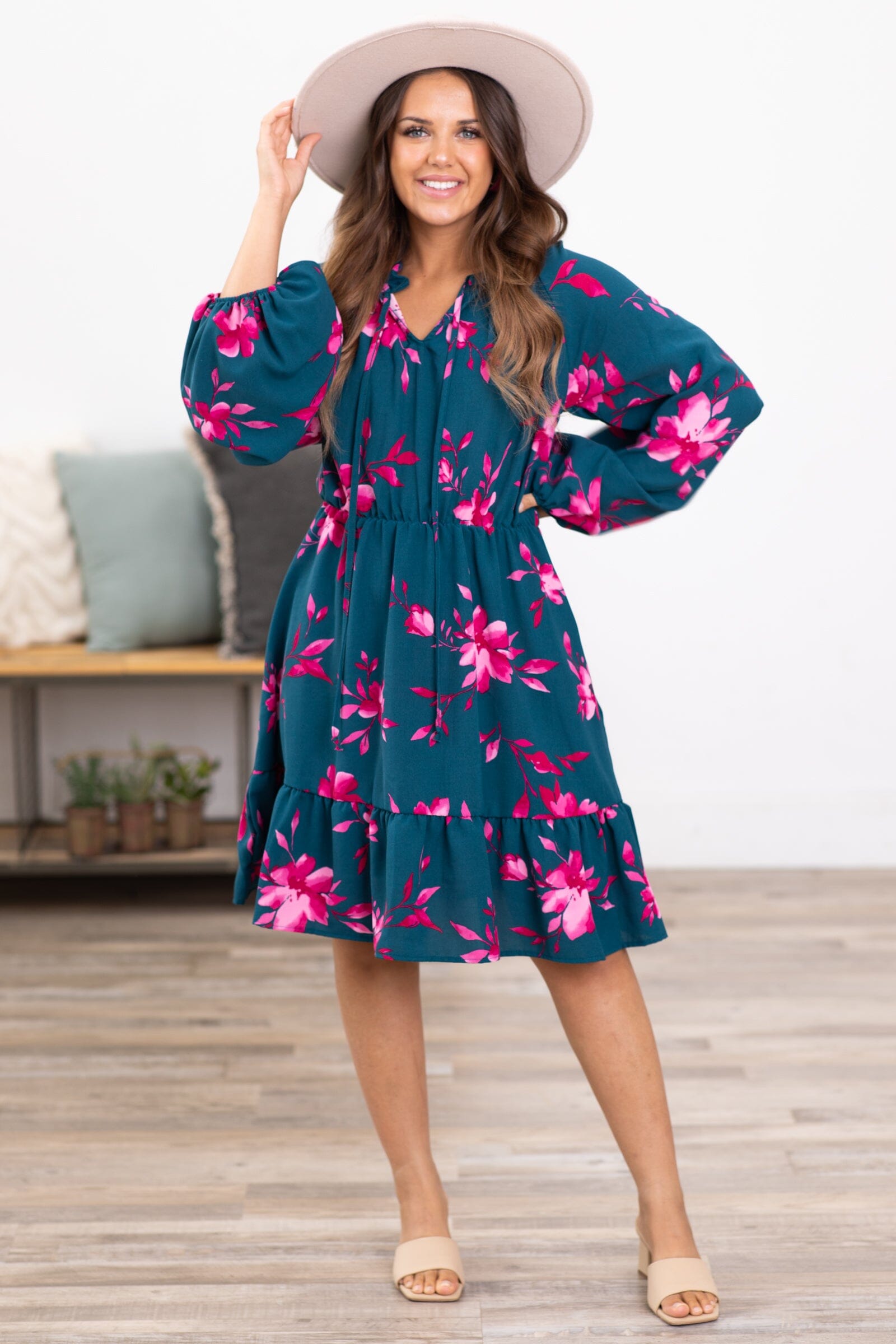 Teal and Fuchsia Floral Long Sleeve Dress