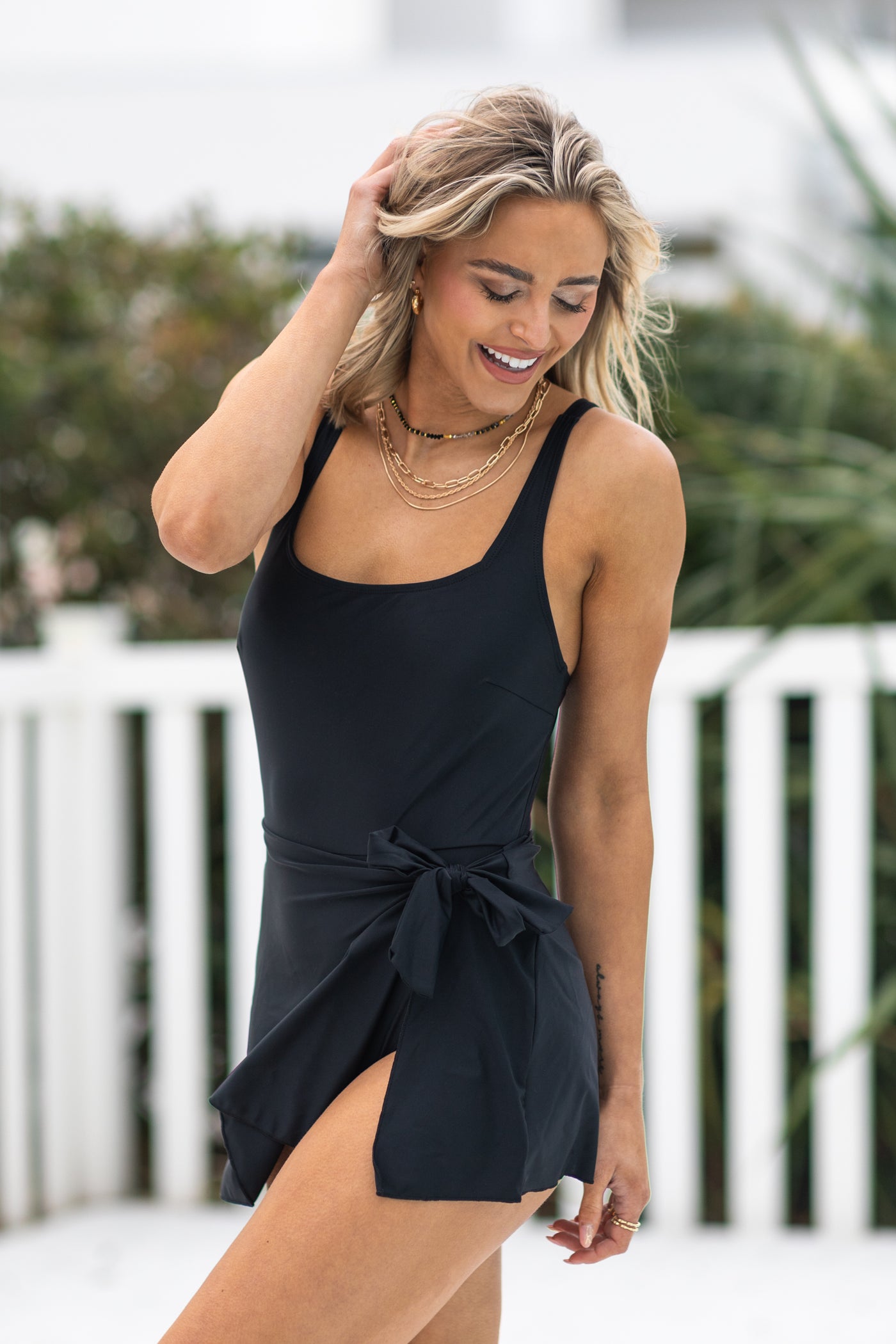 Black Side Tied Waist One Piece Swimsuit