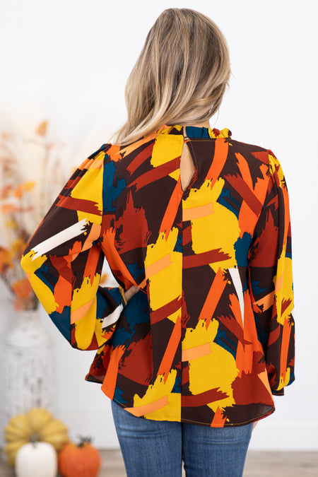 Rust and Mustard Abstract Print Bell Cuff Top