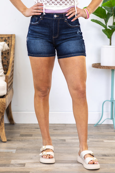 Risen Dark Wash High Rise Cuffed Shorts