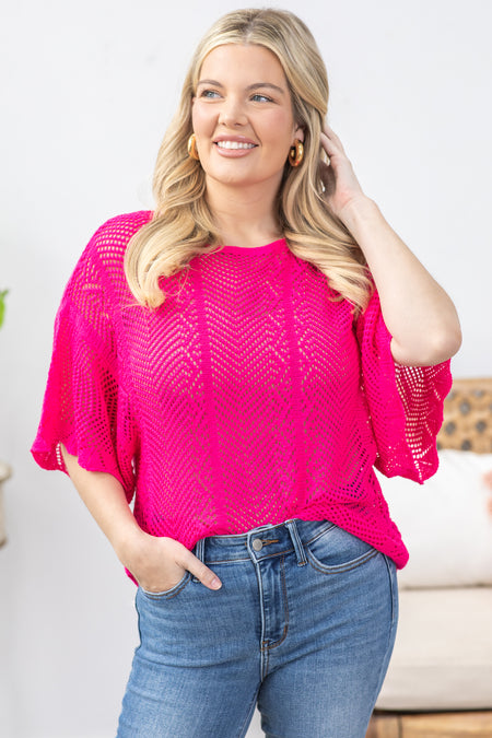 Hot Pink Pointelle Scallop Knit Top