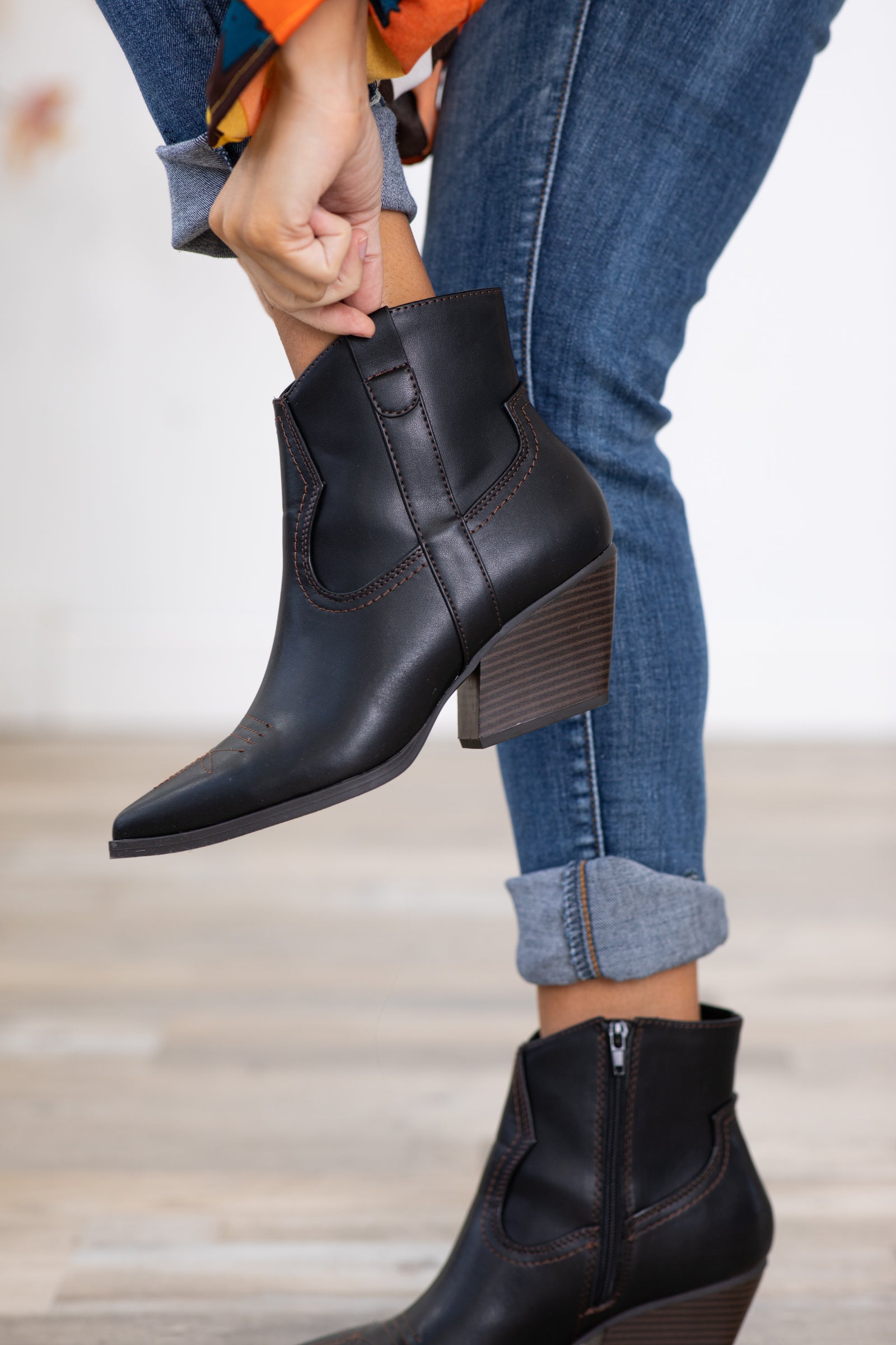 Black leather shop western booties