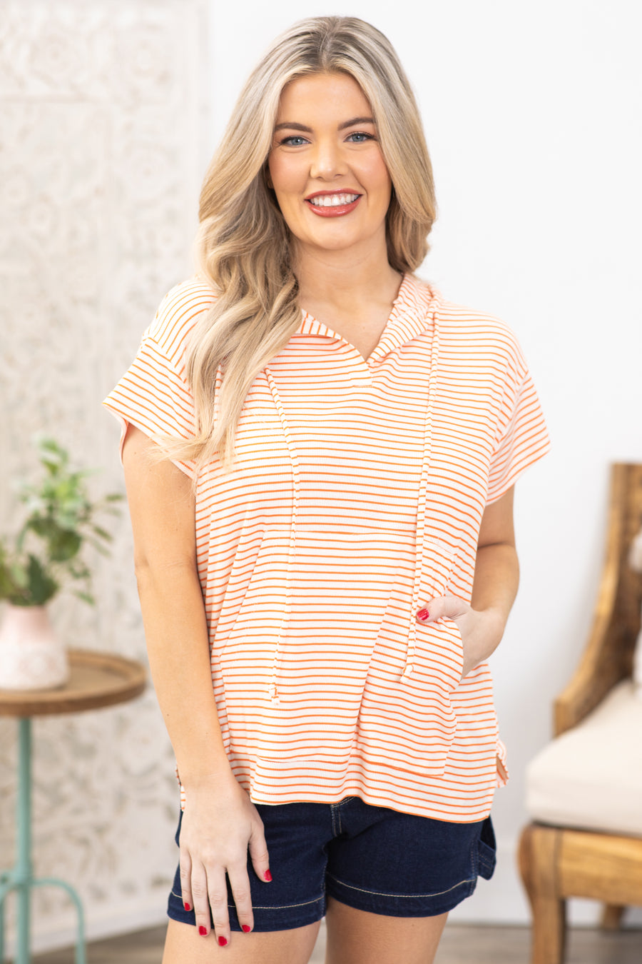 Orange Stripe Hooded Short Sleeve Top